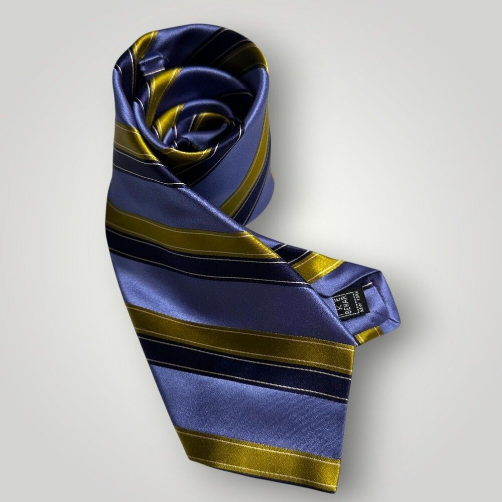 IKE BEHAR Mens Silk Necktie Tie Blue Navy Yellow Striped USA Made Neck Tie